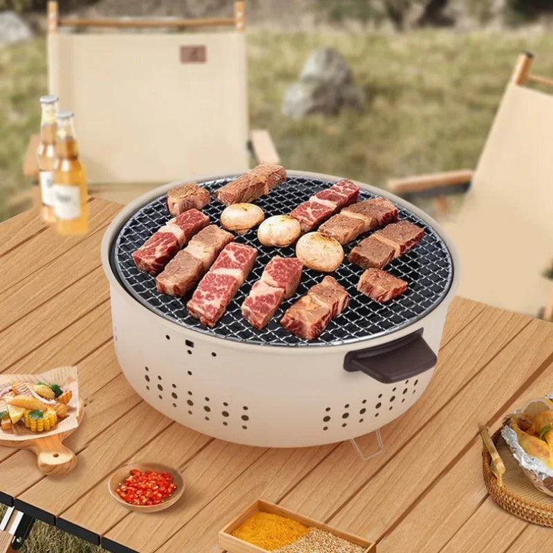 Round Charcoal BBQ Grill Stove White Camp Cooking - Tophatter Daily Deals