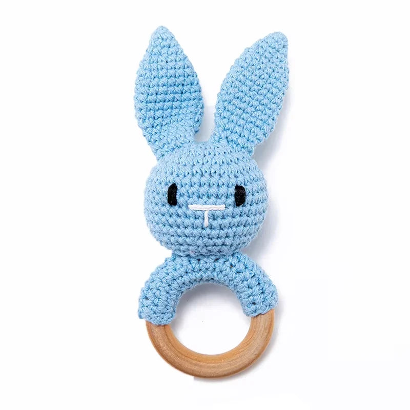 Baby Crochet Rattle Bunny Teether Newborn Sensory Toys Blue Bunny - Tophatter Daily Deals