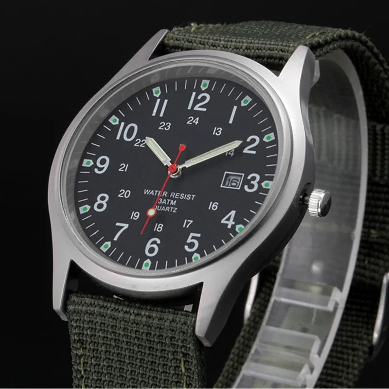 Quartz Field Watch Nylon Strap Military Style Date Luminous Green black - Tophatter Daily Deals