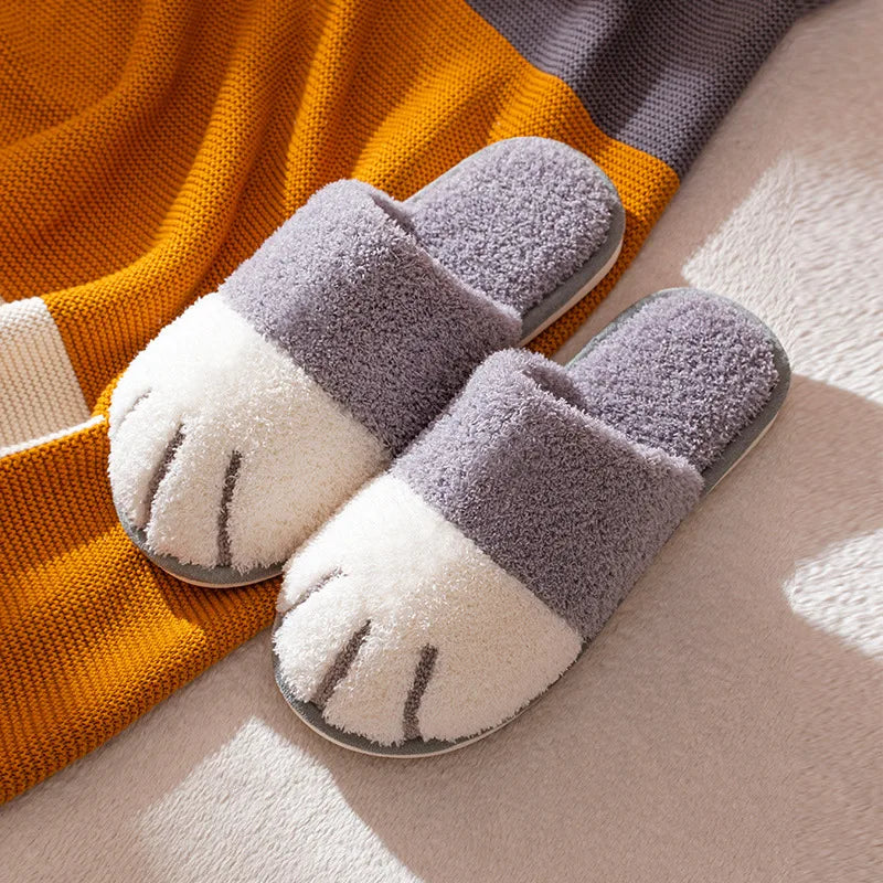 Winter Warm Plush Slippers Cute Cat Paw House Fur Slides Fluffy Shoes Grey Animals - Tophatter Daily Deals