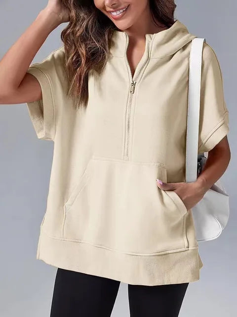 Lightweight Women's Short Sleeve Hoodie - Oversized Knit Beige - Tophatter Daily Deals