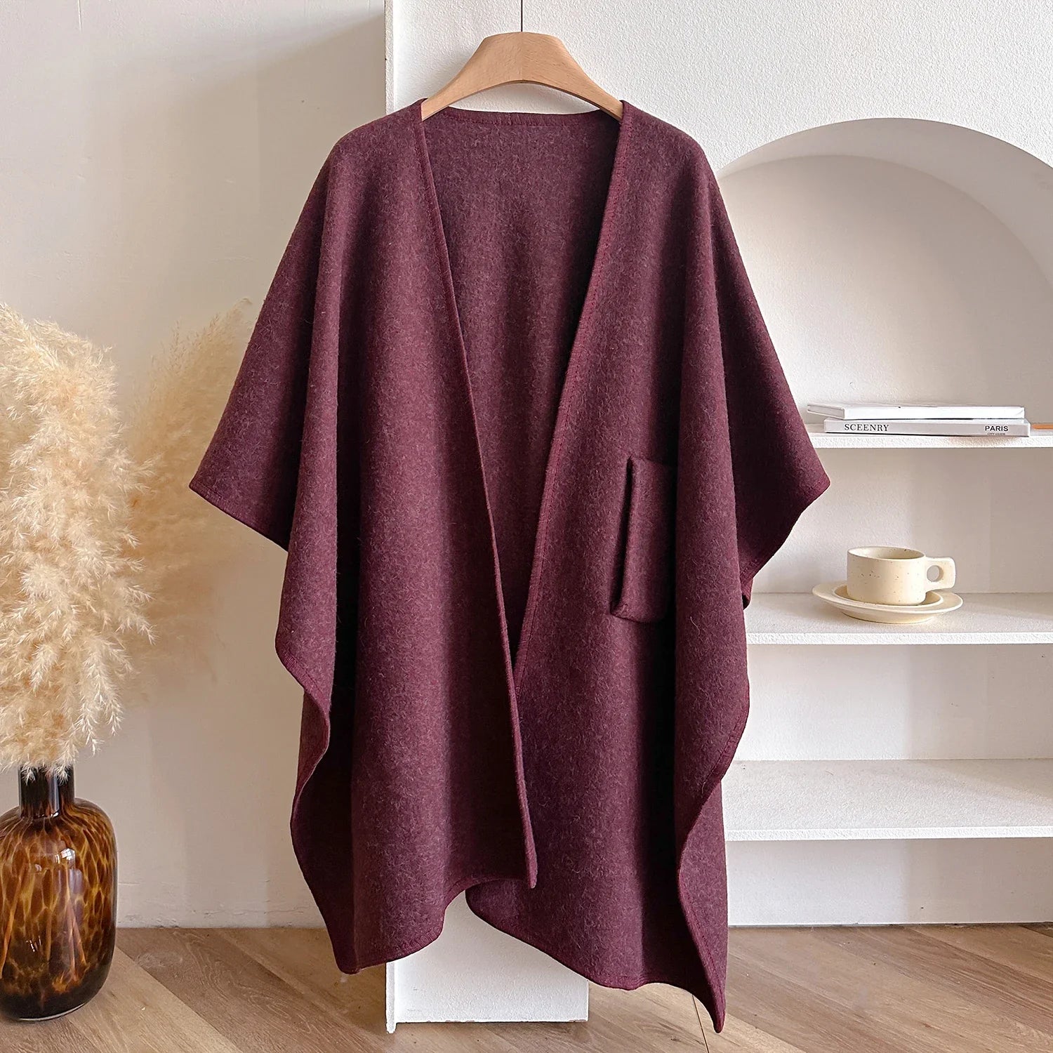 Warm Womens Poncho - Draped Cape Knot, Cashmere Pashmina Wine red - Tophatter Daily Deals