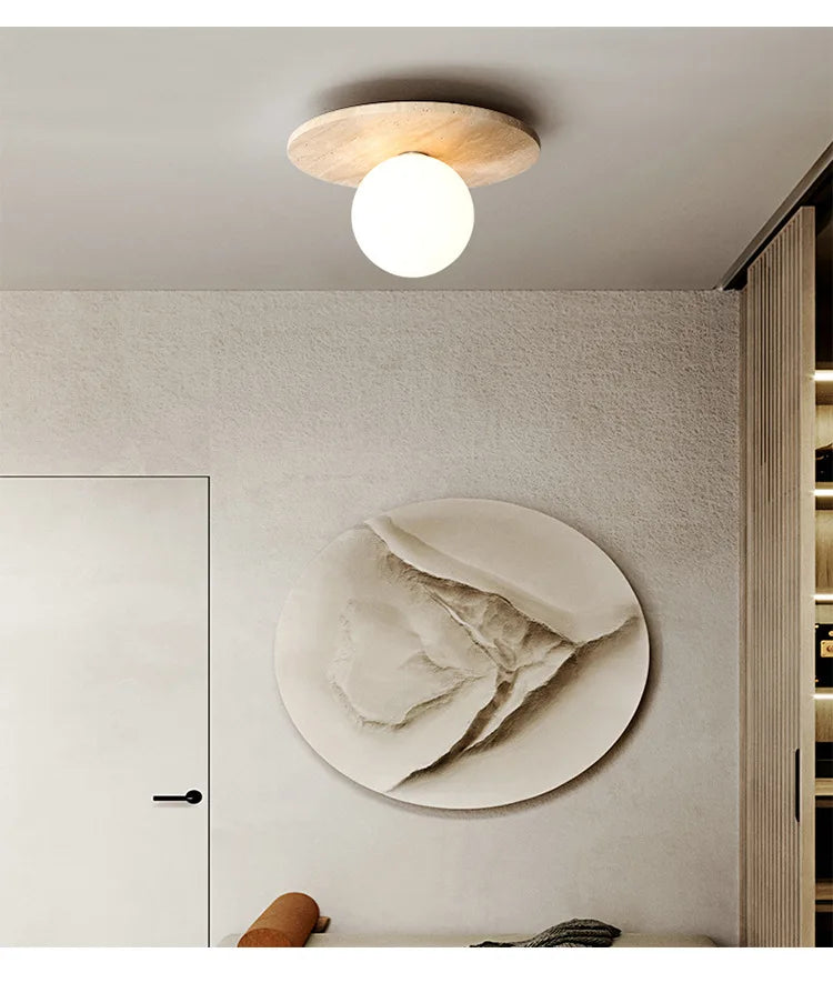 Japandi Travertine Ceiling Light Wood Cap Round Mid Century Lamp - Tophatter Daily Deals