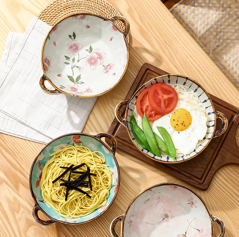 Ceramic 7.5 Inch Noodle Bowl With Handles Floral Porcelain - Tophatter Daily Deals
