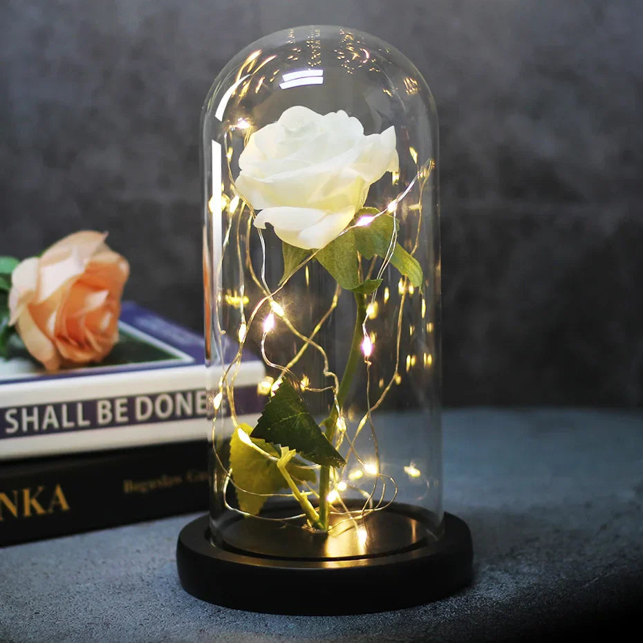 Beauty & The Beast Eternal Red Rose In Glass Dome with LED Lights White Flowers - Tophatter Daily Deals