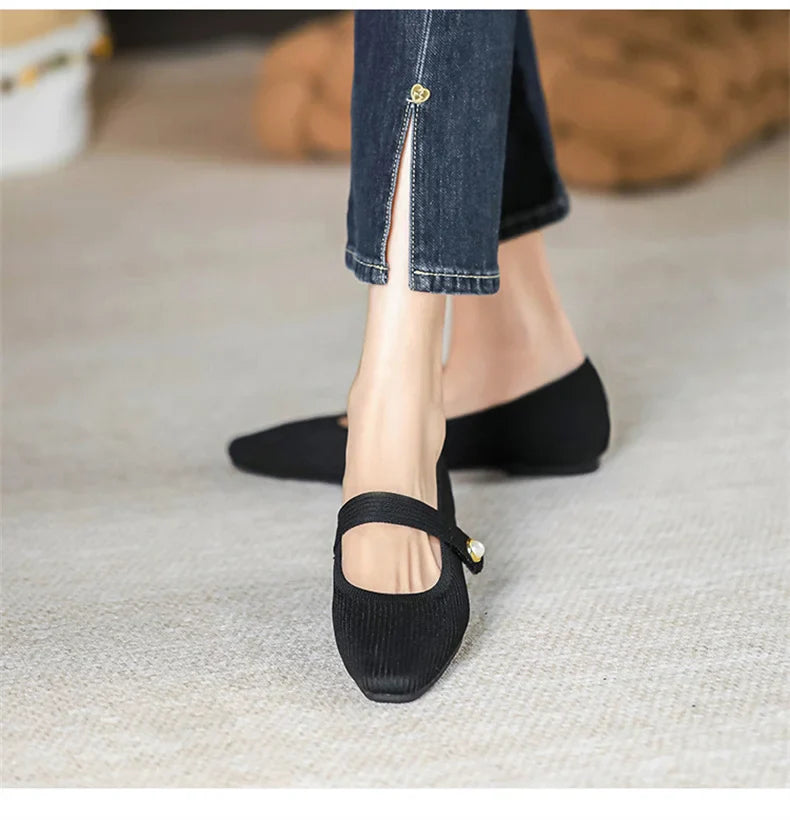 Stretchy Women Mary Jane Flats - Ribbed Knit For Spring - Tophatter Daily Deals