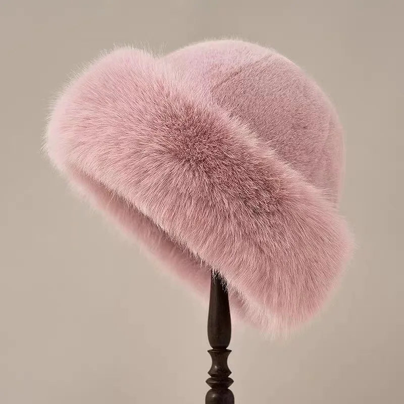Insulating Women's Faux Fur Winter Hat - Rolled Brim, Plush Pink - Tophatter Daily Deals