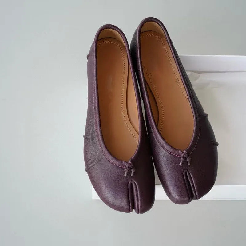 Soft Women Tabi Ballet Flats - Split Toe, Leather, Casual Wine red - Tophatter Daily Deals