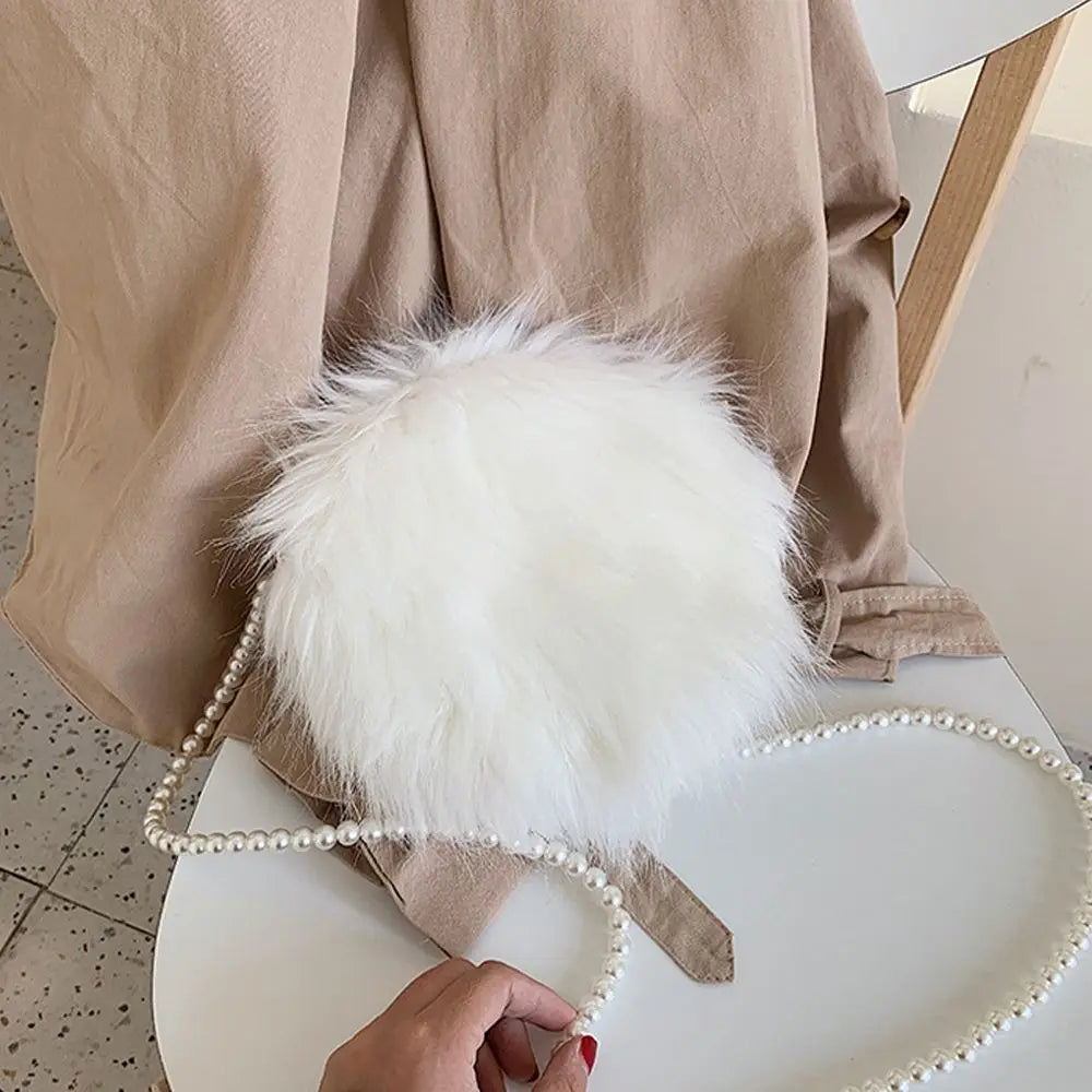 Faux Fur Fluffy White Bag Crossbody Handbag Pearl Strap Mythical - Tophatter Daily Deals