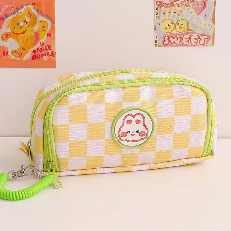 Kawaii Checkerboard Pencil Case Large Capacity Green x Yellow Animals - Tophatter Daily Deals