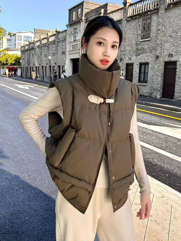 Warm Women’s Down Vest - Cropped Boxy, PU, Winter Layering - Tophatter Daily Deals
