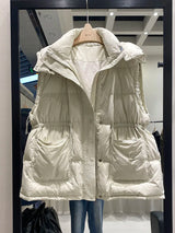 Lightweight Relaxed Women Down Vest - Hooded, Down, Winter Beige - Tophatter Daily Deals