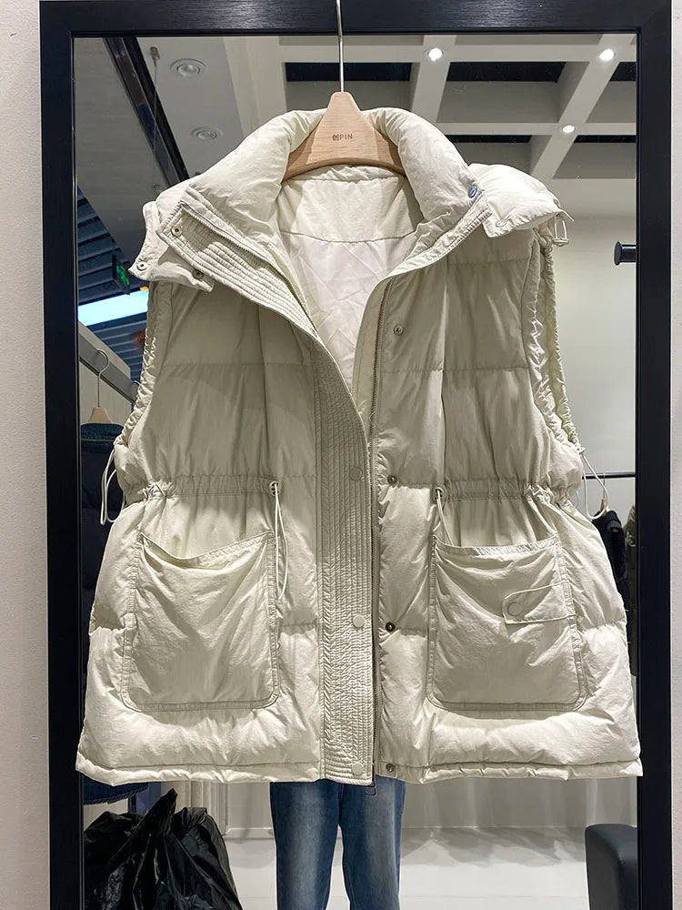 Lightweight Relaxed Women Down Vest - Hooded, Down, Winter Beige - Tophatter Daily Deals