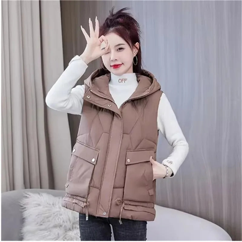 Warm Cozy Women Puffer Vest - Hooded Midlength, Winter Coffee - Tophatter Daily Deals