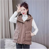 Warm Cozy Women Puffer Vest - Hooded Midlength, Winter Coffee - Tophatter Daily Deals