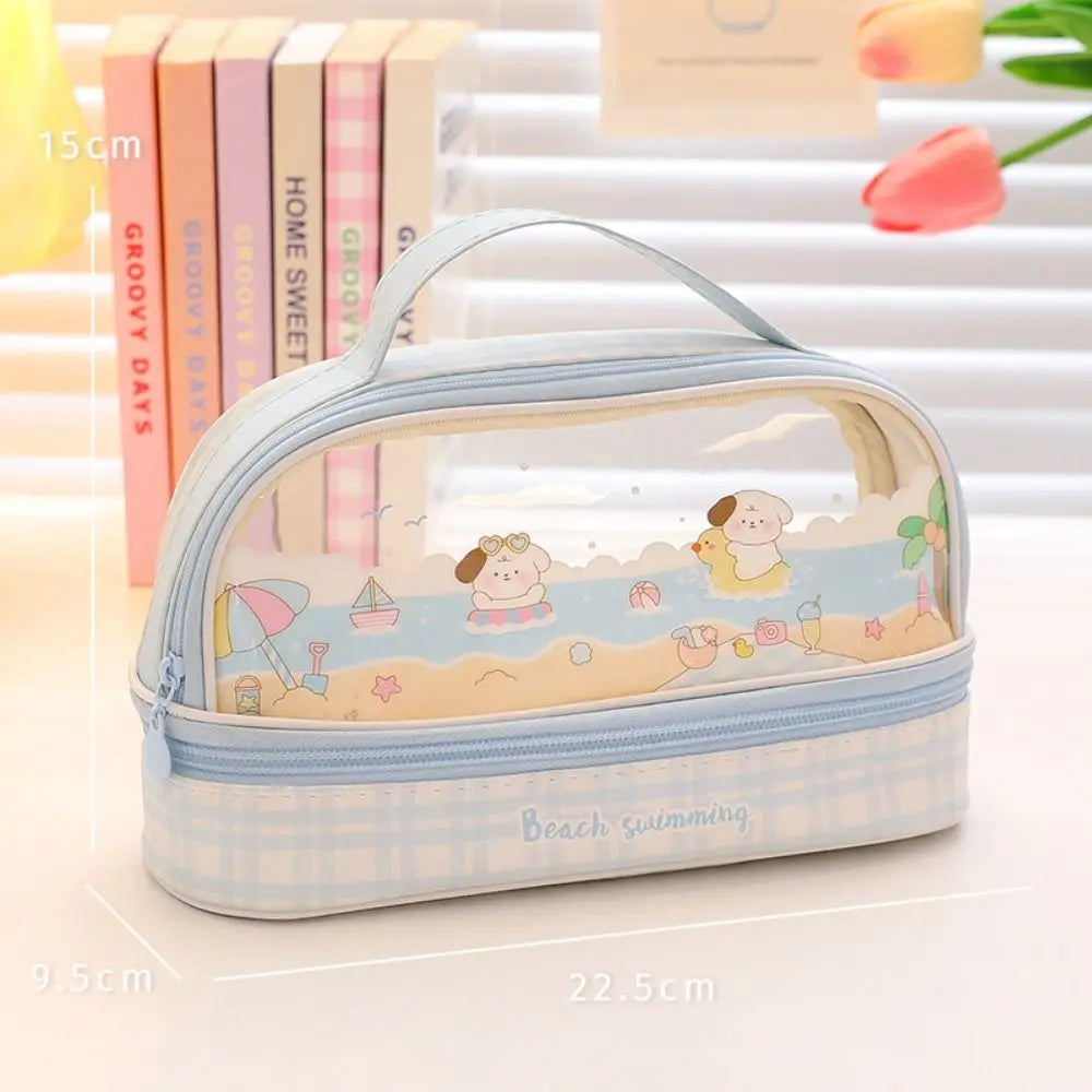 Kawaii Double Layer Pencil Case Large Transparent Stationery Blue Seaside Animals - Tophatter Daily Deals
