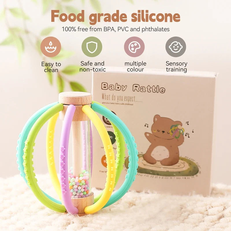Baby Rattle Silicone Teether Wooden Newborn Sensory Toys - Tophatter Daily Deals