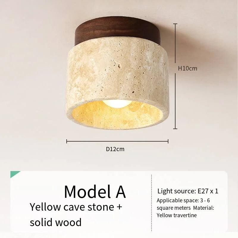 Japandi Travertine Ceiling Light Wood Cap Round Mid Century Lamp A-01 - Tophatter Daily Deals