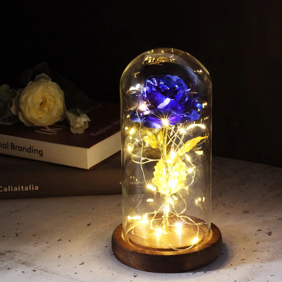 Beauty & The Beast Eternal Red Rose In Glass Dome with LED Lights Indigo Flowers - Tophatter Daily Deals