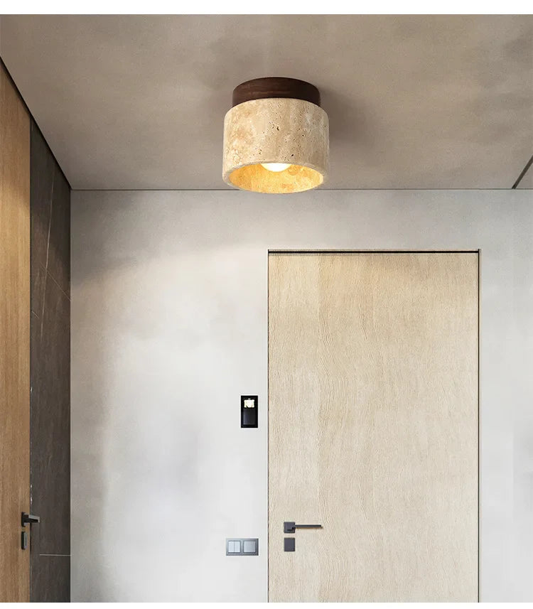 Japandi Travertine Ceiling Light Wood Cap Round Mid Century Lamp - Tophatter Daily Deals