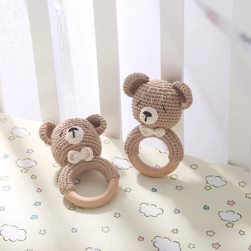 Crochet Bear Teether Rattle Ring Newborn Sensory Toys - Tophatter Daily Deals