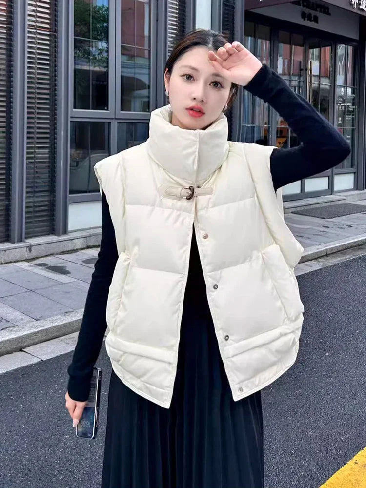 Warm Women’s Down Vest - Cropped Boxy, PU, Winter Layering - Tophatter Daily Deals