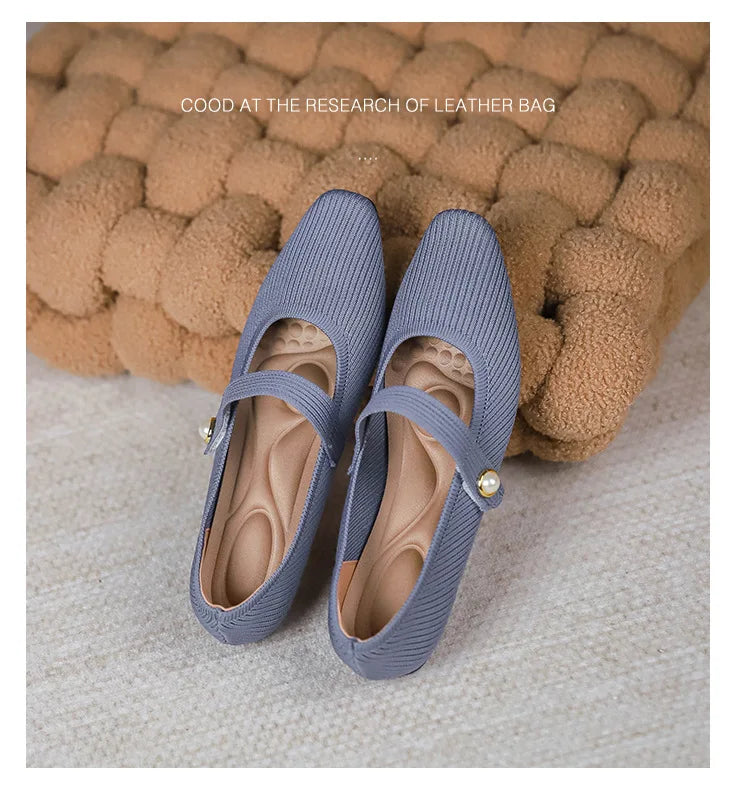 Stretchy Women Mary Jane Flats - Ribbed Knit For Spring Sky Blue - Tophatter Daily Deals