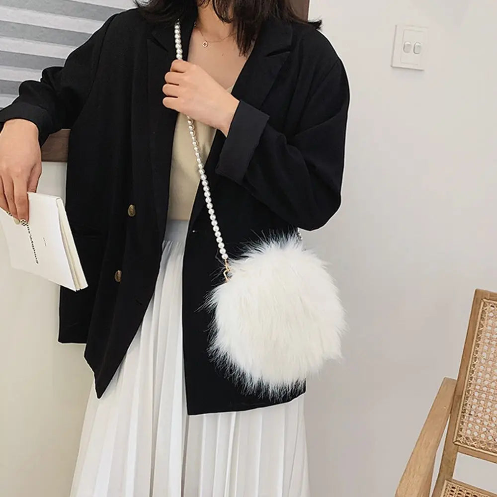 Faux Fur Fluffy White Bag Crossbody Handbag Pearl Strap Mythical - Tophatter Daily Deals