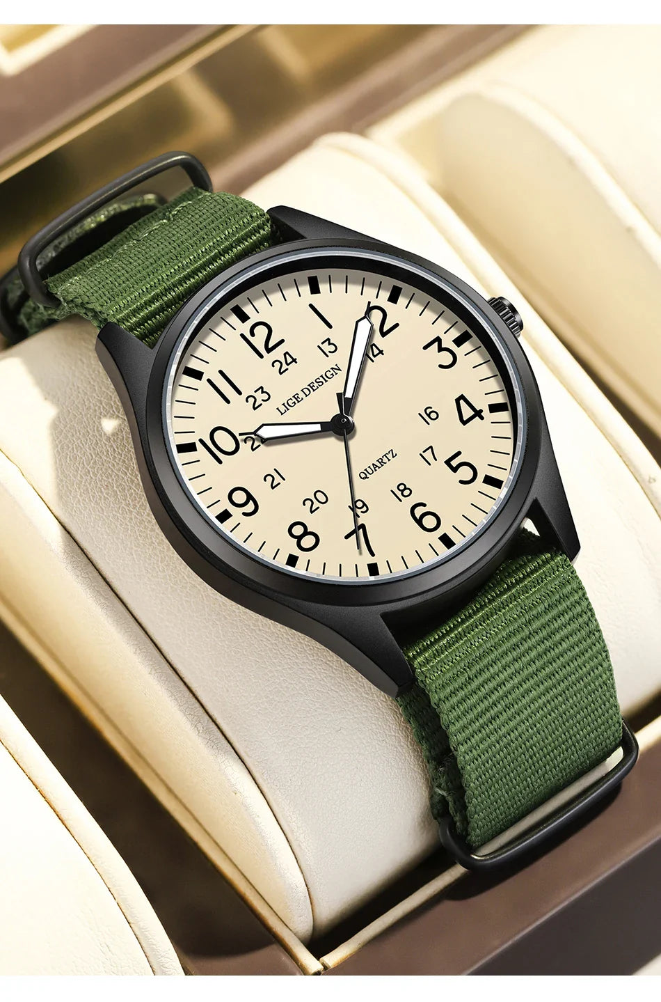 Quartz Watch Beige Dial Nylon Strap Waterproof Luminous - Tophatter Daily Deals