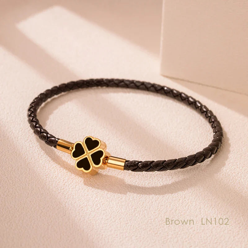 Four Leaf Clover Braided Leather Lucky Bracelet Gift Brown CHINA - Tophatter Daily Deals