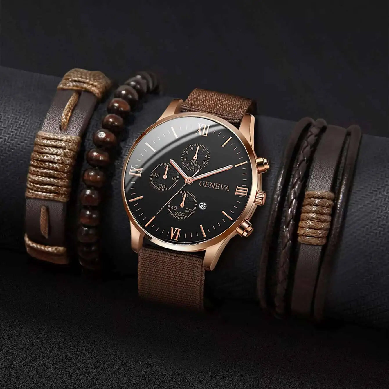 Quartz Watch And Bracelet Set Nylon Band Casual Gift Brown C No Box - Tophatter Daily Deals