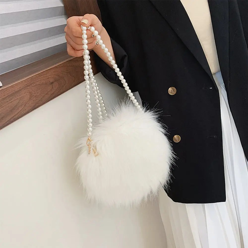 Faux Fur Fluffy White Bag Crossbody Handbag Pearl Strap Mythical - Tophatter Daily Deals