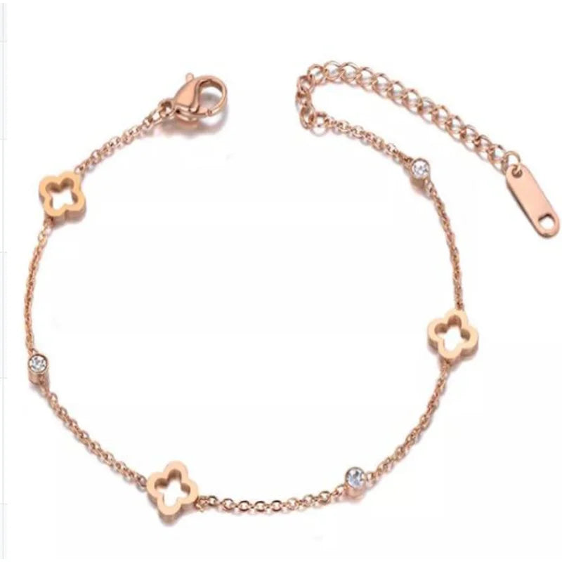 Clover Flower Stainless Steel Bracelet Set Gold Gift S1-1pc-rose golden - Tophatter Daily Deals