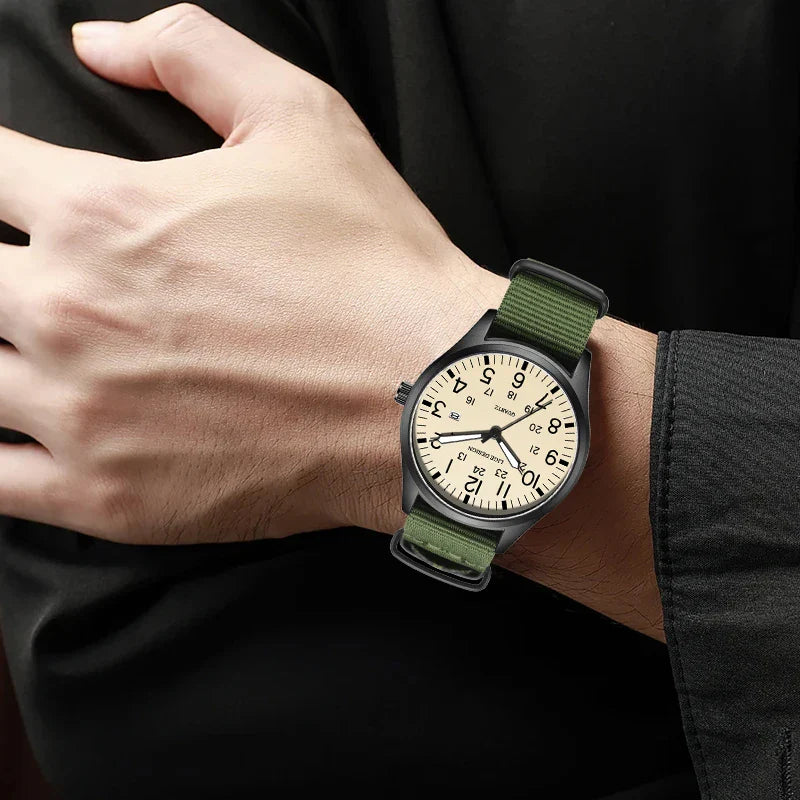 Quartz Watch Beige Dial Nylon Strap Waterproof Luminous - Tophatter Daily Deals