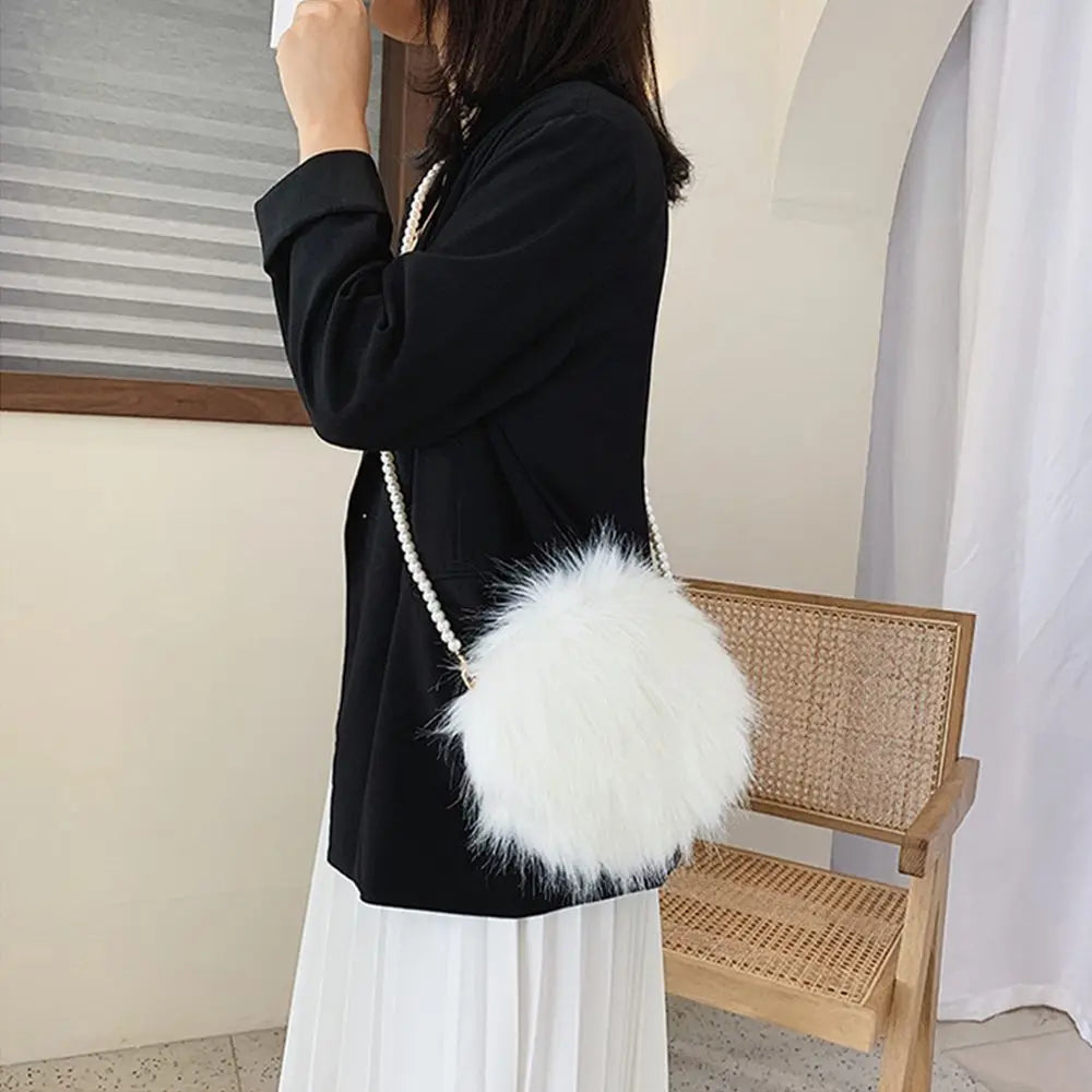 Faux Fur Fluffy White Bag Crossbody Handbag Pearl Strap Mythical - Tophatter Daily Deals