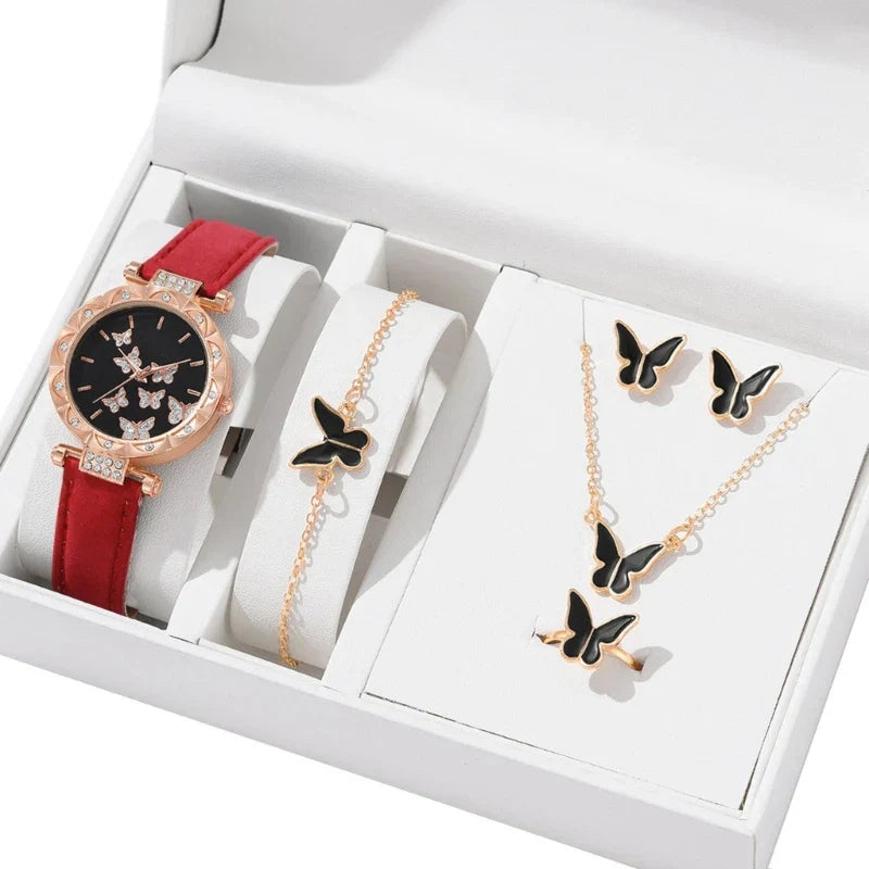 Butterfly Jewelry Set Watch Necklace Earrings Bracelet (Red) Apparel & Accessories > Jewelry > Jewelry Sets - Tophatter Daily Deals