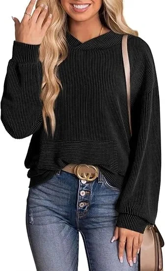 Lightweight Relaxed Womens Hoodie - Ribbed Knit, Casual Black - Tophatter Daily Deals