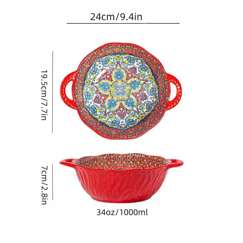 Ceramic Soup Bowl Bohemian Handle Embossed Microwave - Tophatter Daily Deals