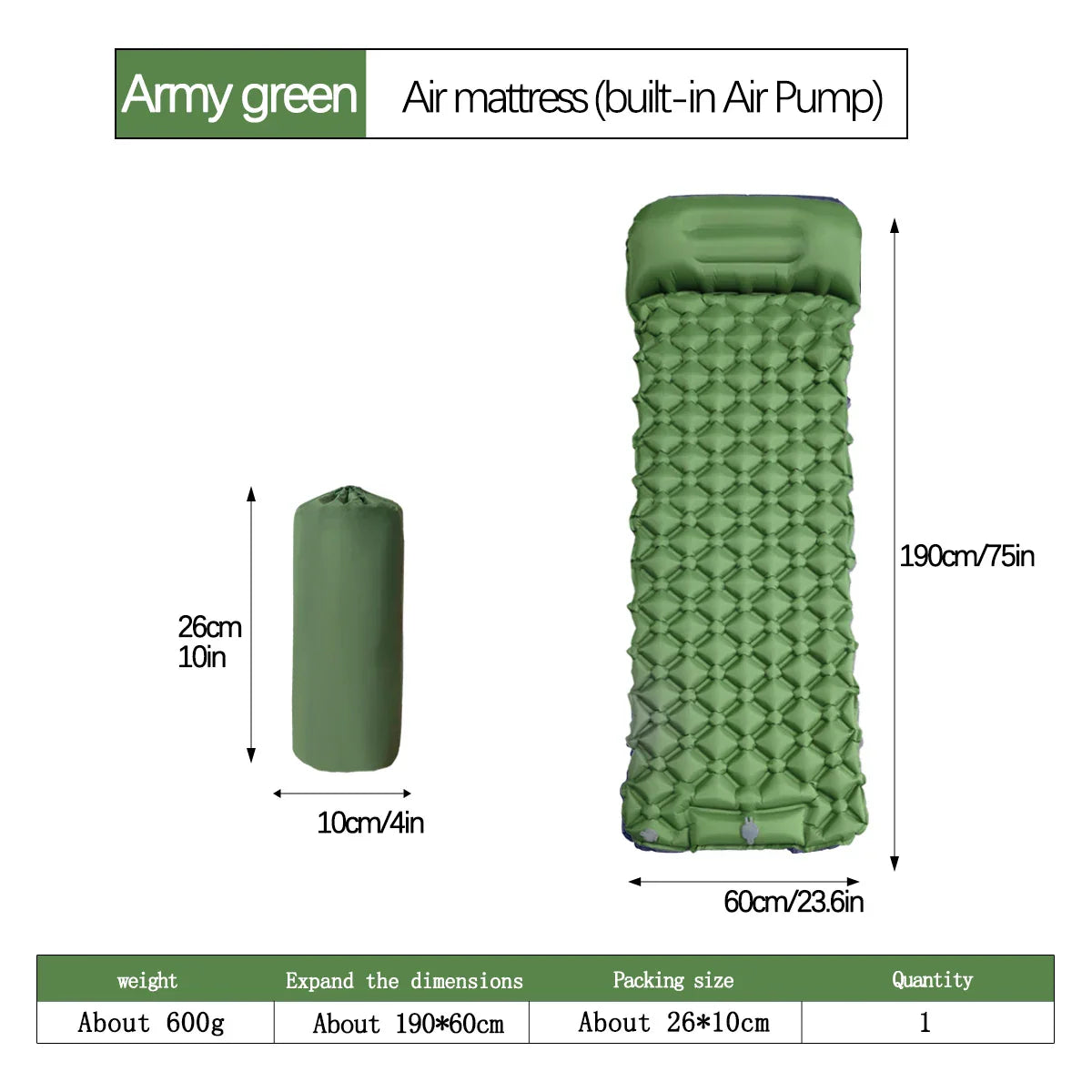 Inflatable Camping Mattress with Pillow Built-In Pump Air Green Camping & Hiking - Tophatter Daily Deals
