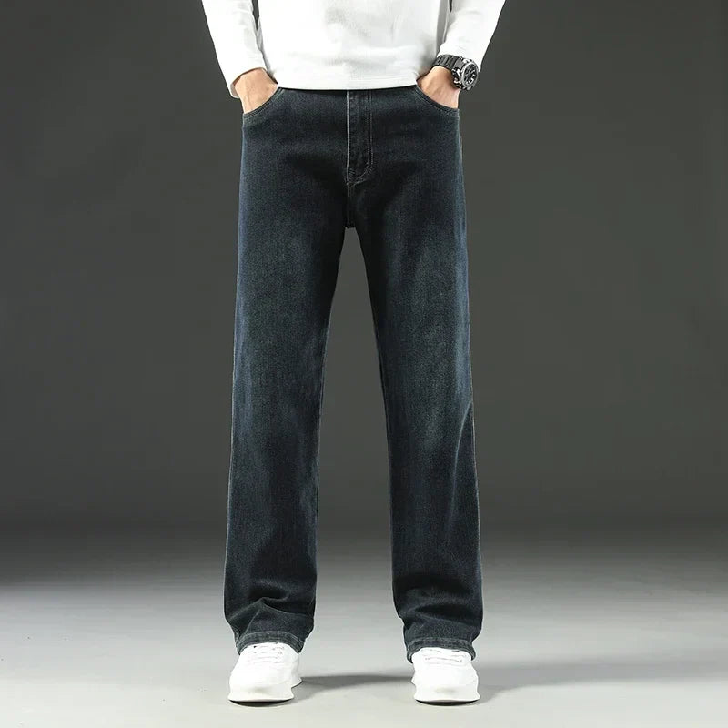 Stretchy Men’s Jeans - Wide Leg, Cotton, Business Casual Grey Black - Tophatter Daily Deals