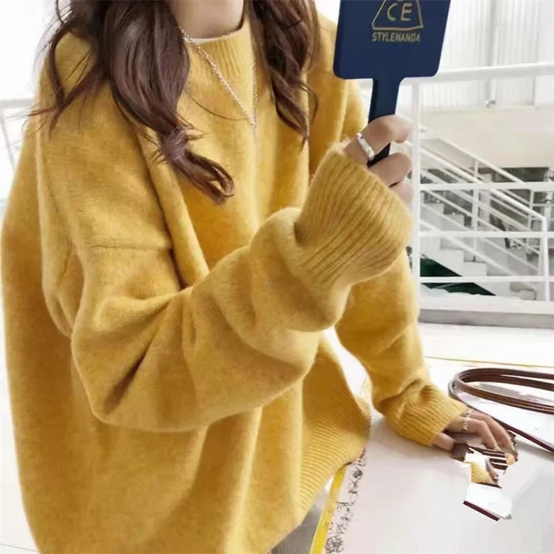 Cozy Oversized Women’s Pullover Sweater - Round Neck Knit Yellow One Size - Tophatter Daily Deals