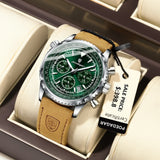 Quartz Chronograph Watch Waterproof Luminous Date Leather 960Silver Green L - Tophatter Daily Deals