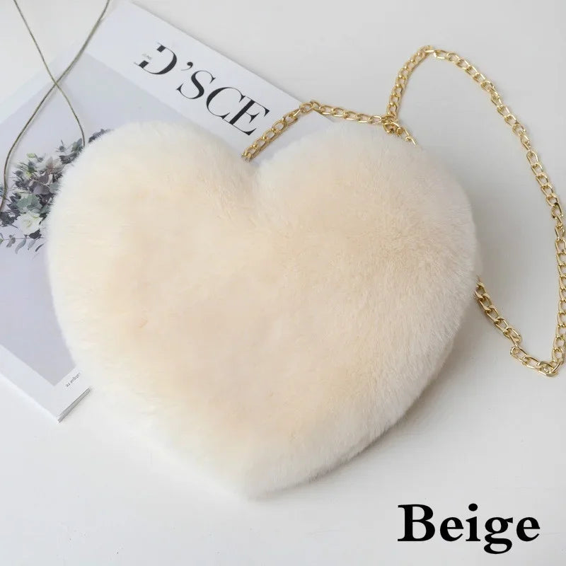 Faux Fur Heart Bag Furry With Gold Chain Handbag Crossbody Cream Mythical - Tophatter Daily Deals