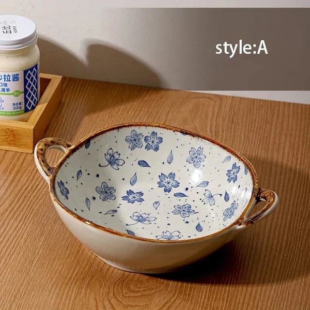 Ceramic Noodle Bowl 7.5 Inch Dual Handle Floral Bowl A - Tophatter Daily Deals