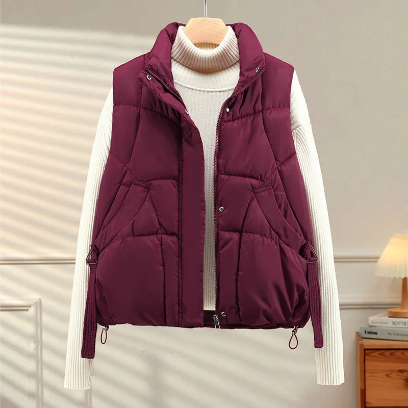 Warm Women's Puffer Vest - Quilted High Collar, Polyester Red - Tophatter Daily Deals