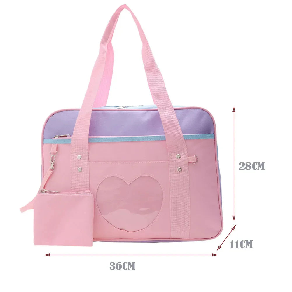 Heart PU Leather Laptop Bag Pastel Handbag Top Handle Japanese Style School Bag - Tophatter Daily Deals