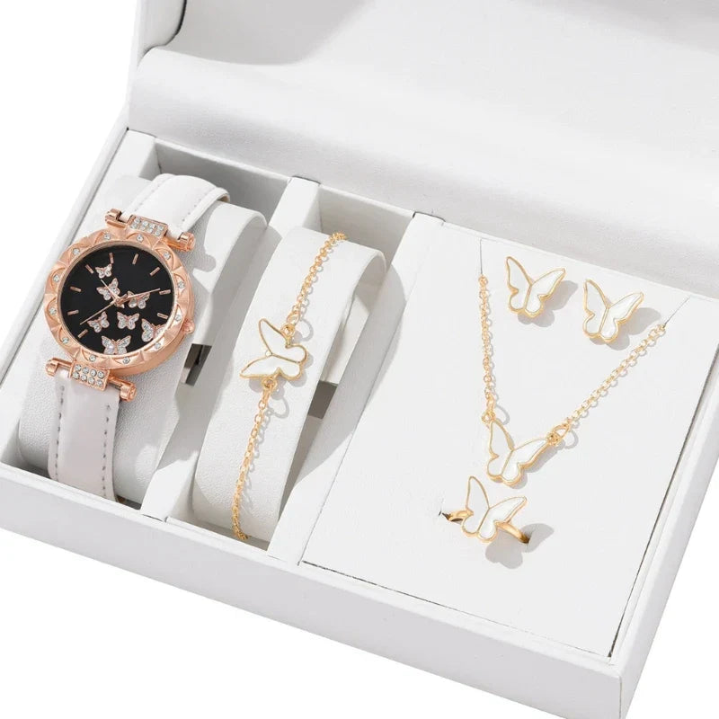 Butterfly Jewelry Set Watch Necklace Earrings Bracelet (White) Apparel & Accessories > Jewelry > Jewelry Sets - Tophatter Daily Deals