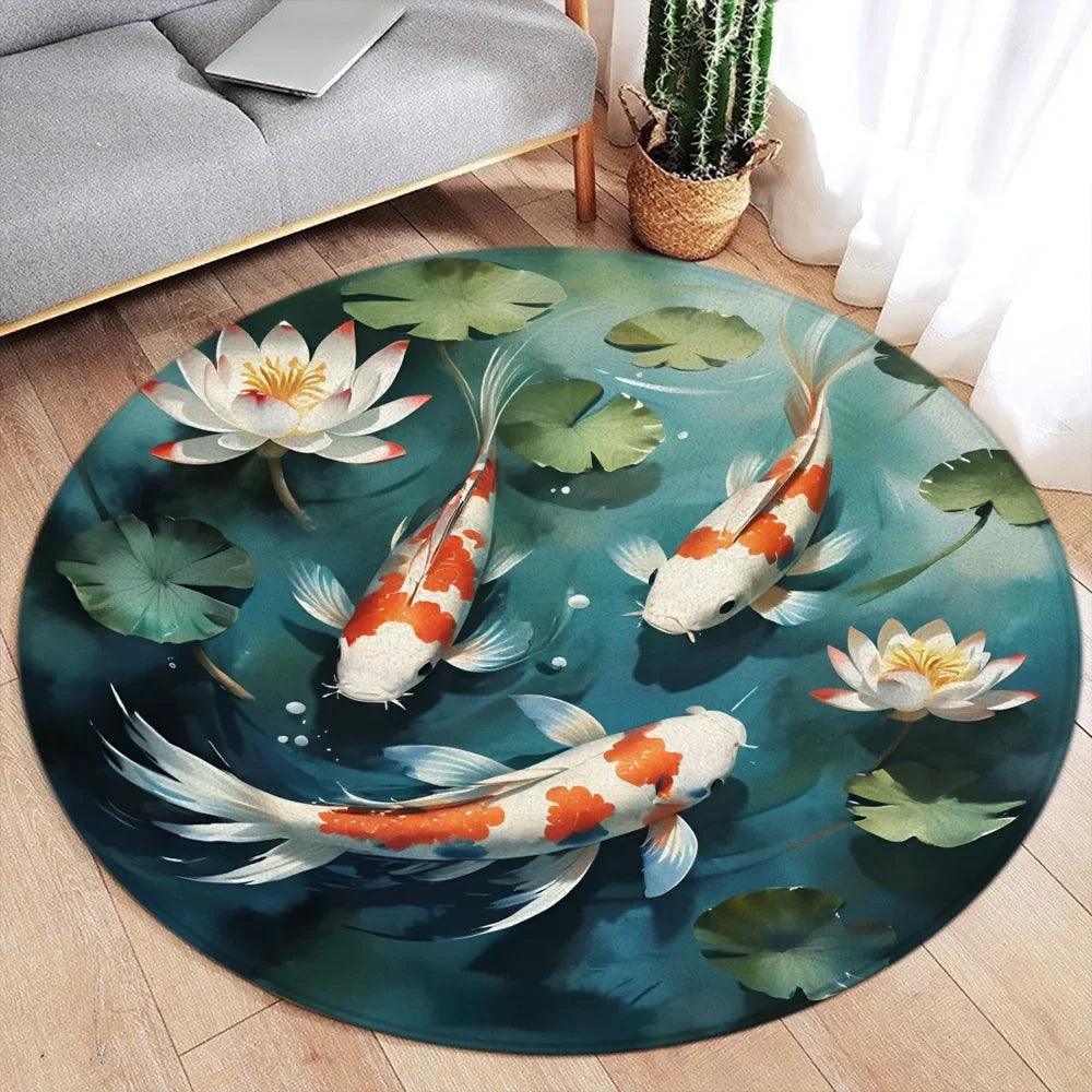 Koi Fish Round Rug Japanese Water Ink Floor Decor Serene DD-1625SC - Tophatter Daily Deals