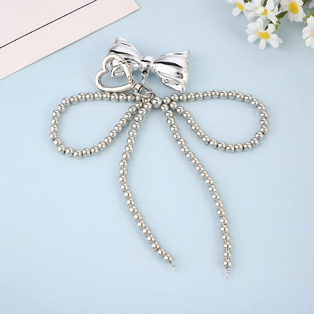 Beaded Pearl Bow Keychain Y2K Bag Charm Cute Gift Accessory Sliver Color set 2 - Tophatter Daily Deals