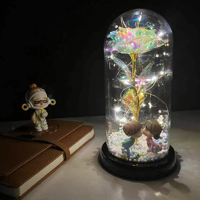 Beauty & The Beast Eternal Red Rose In Glass Dome with LED Lights Irridescent Crystal Flowers - Tophatter Daily Deals